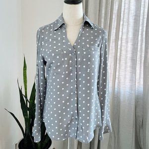 EXPRESS Portofino Long Sleeve Gray White Polka Dot Button Down Top Size XS